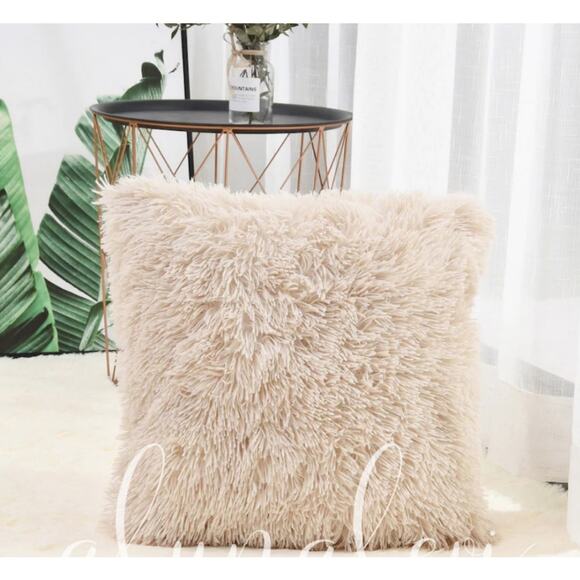 Set of 2 Fuzzy Throw Pillow Covers  Color Beige - Picture 1 of 5